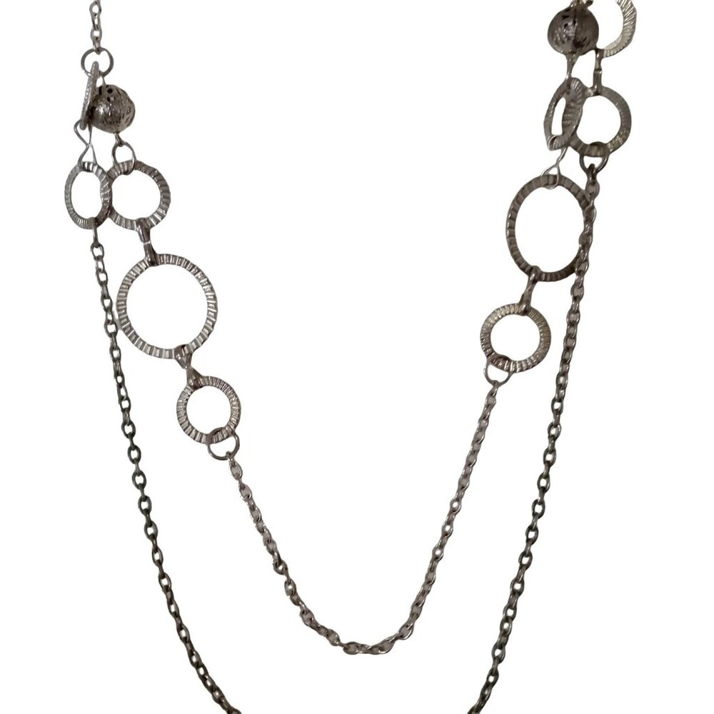Silver-Tone Layered Necklace Textured Circular Links Double Chain Design
